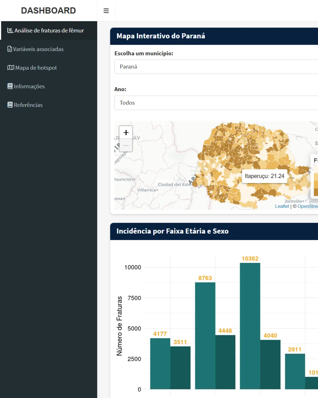 Visão geral do dashboard de fraturas de fêmur no Paraná.