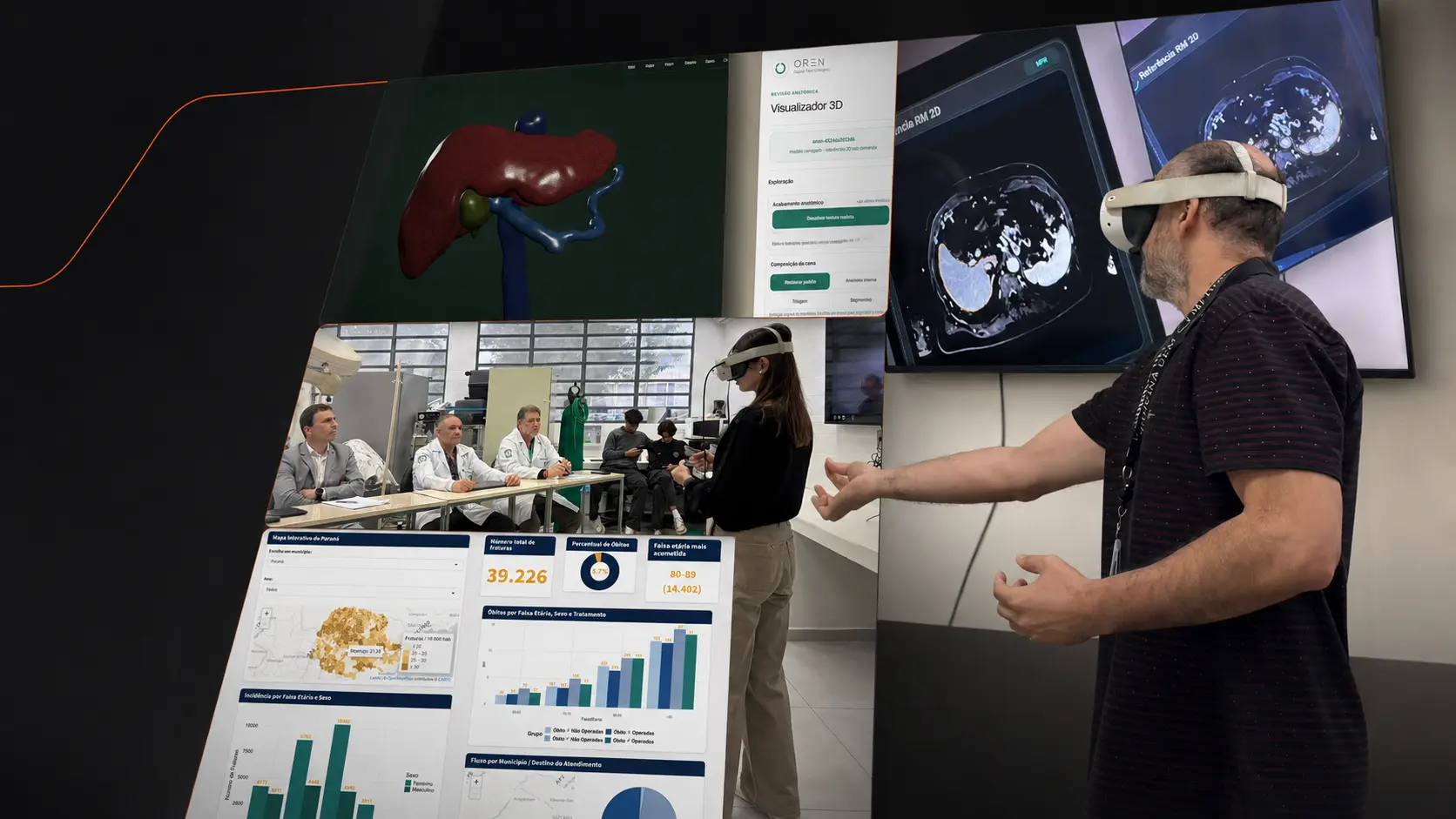Montagem editorial reunindo demonstração do OREN, visualização anatômica, validação em realidade virtual e dashboard de saúde pública.
